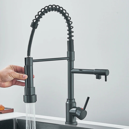 Robinet de cuisine à ressort extractible, mitigeur à levier unique, eau chaude et froide, pour évier de cuisine, double bec, robinets à grue