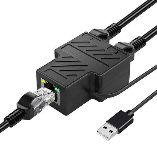 Répartiteur Ethernet 100 Mbps, adaptateur Internet 1 vers 2 ports RJ45 doubles avec câble d'alimentation USB, prend en charge la mise en réseau simultanée de 2 appareils