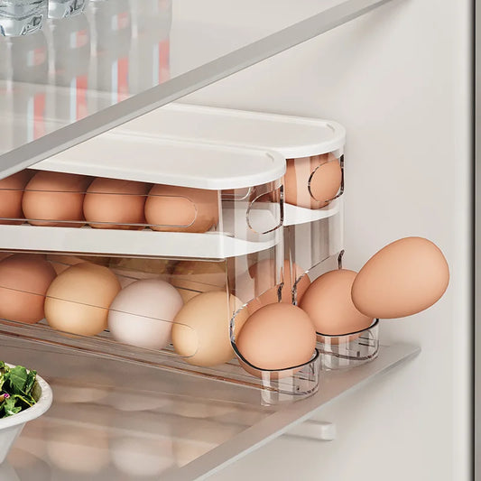 Boîte de rangement d'œufs à deux couches pour réfrigérateur, support à œufs roulant automatique, support de rangement d'œufs de style échelle, distributeur d'œufs pour réfrigérateur, support organisateur d'œufs