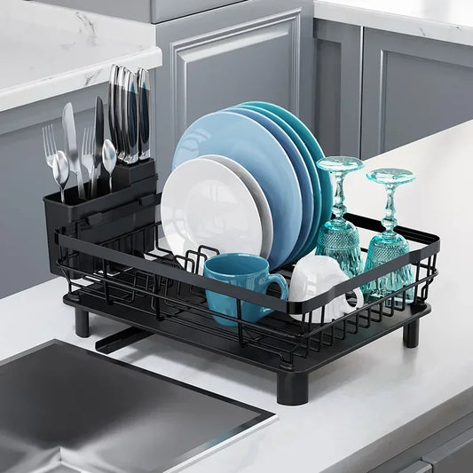 Égouttoir à vaisselle avec égouttoir, léger, noir, pour comptoir, organisateur d'ustensiles, accessoires de cuisine, support de rangement pour vaisselle