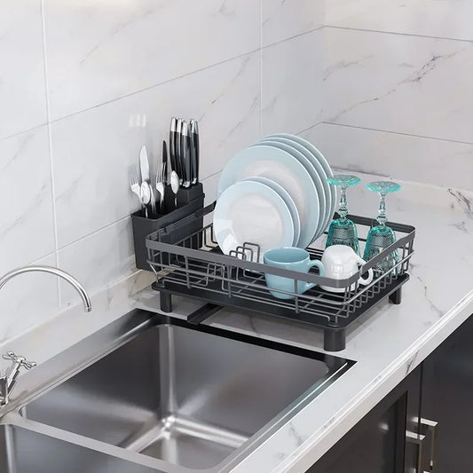 Égouttoir à vaisselle avec égouttoir, léger, noir, pour comptoir, organisateur d'ustensiles, accessoires de cuisine, support de rangement pour vaisselle