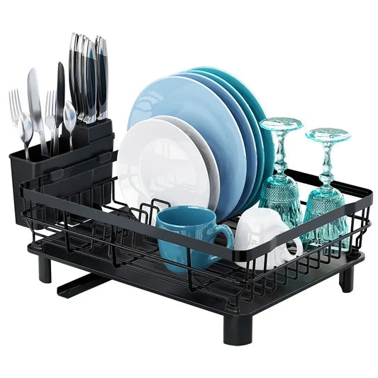 Égouttoir à vaisselle avec égouttoir, léger, noir, pour comptoir, organisateur d'ustensiles, accessoires de cuisine, support de rangement pour vaisselle