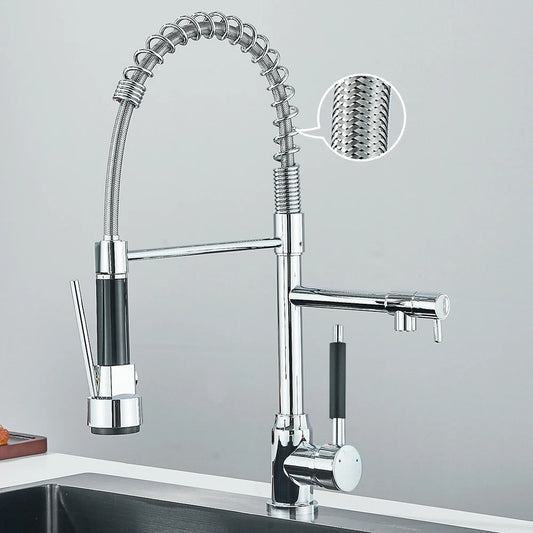 Robinet de cuisine à ressort extractible, mitigeur à levier unique, eau chaude et froide, pour évier de cuisine, double bec, robinets à grue